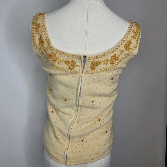 Marchesa Cocktail Sweater Tank Vintage 1960's Mid Century Rhintestone Cream Wool - Picture 5 of 16